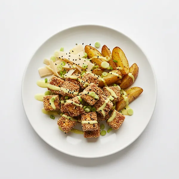 Kaffir Lime Potato Sesame Tofu and Bamboo Shoot with Yuzu Dressing